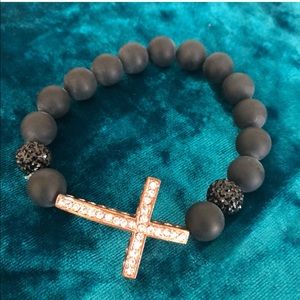 Black RoseGold Cross Rhinestone Beaded Bracelet